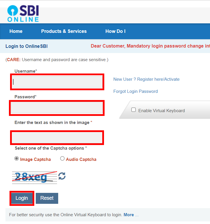 sbi online net banking login form