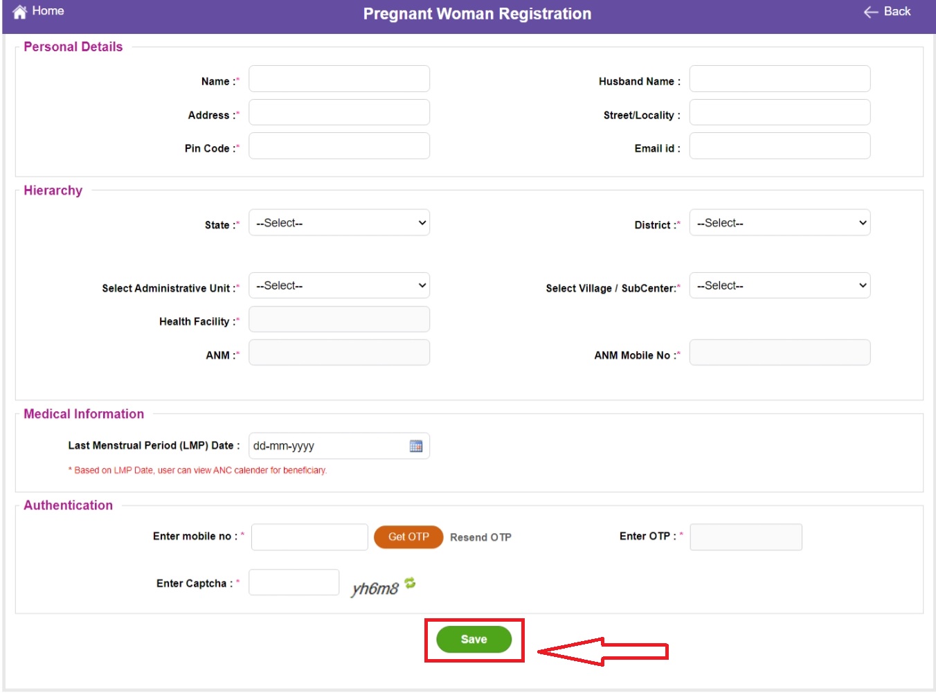 RCH Pregnant Woman Registration form