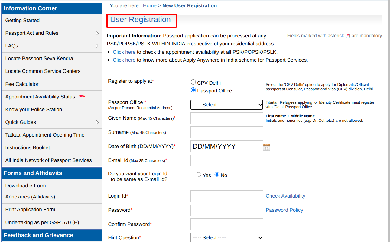 Passport user registrataion form