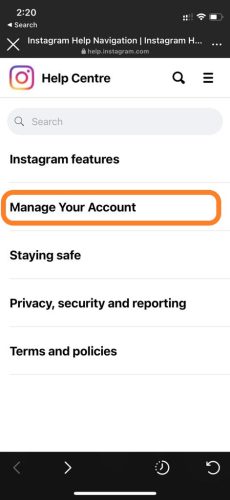 instagarm manage your account menu