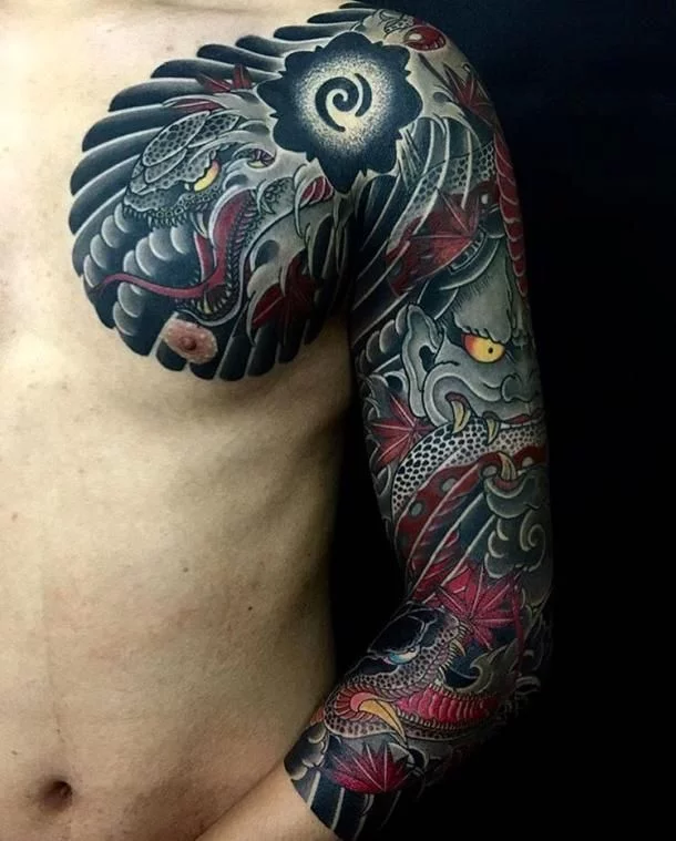 intricate dragon sleeve design tattoo