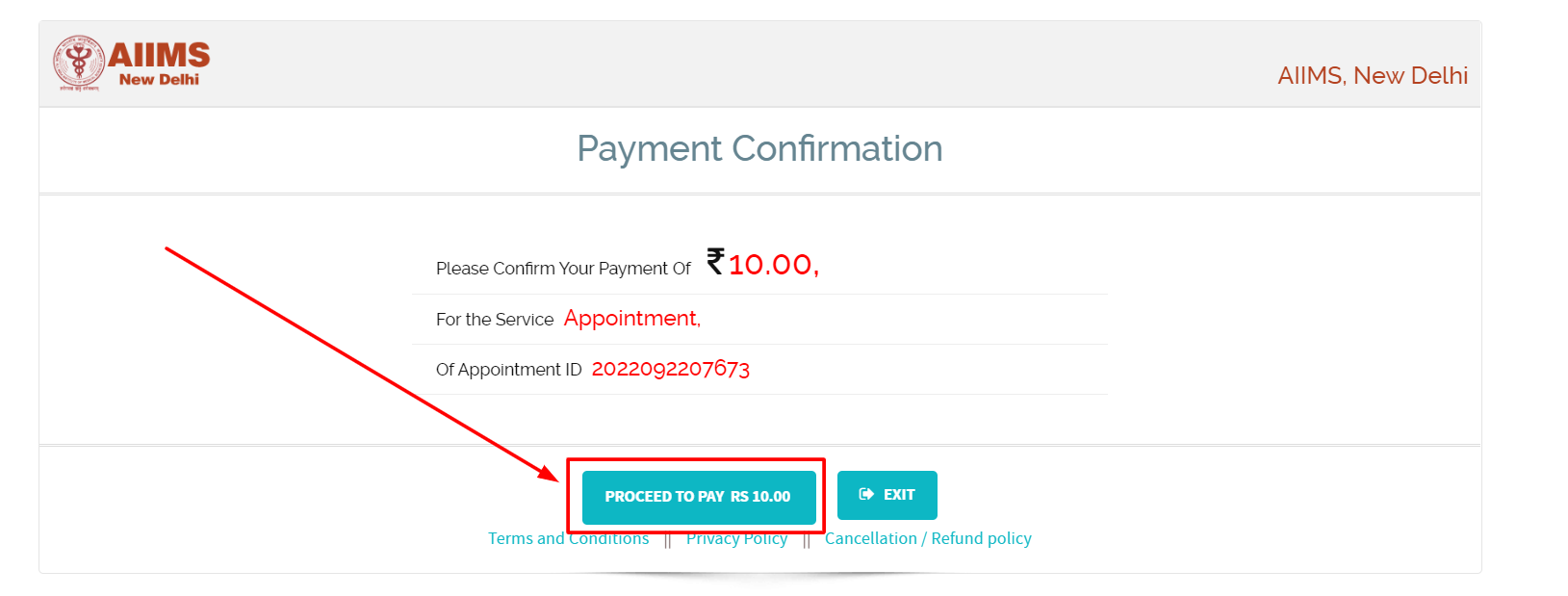 Payment Confirmation Aiims delhi Appointment
