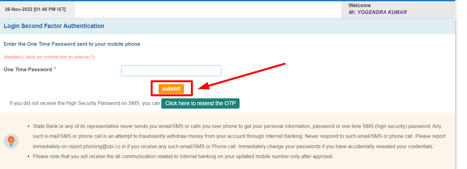OTP verify net banking sbi