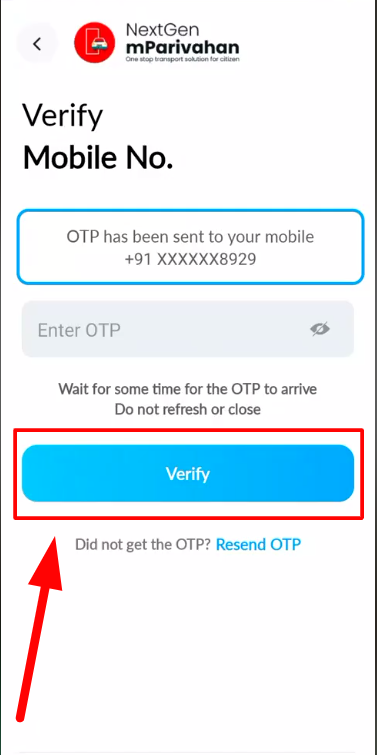 verify OTP code mparivahan App