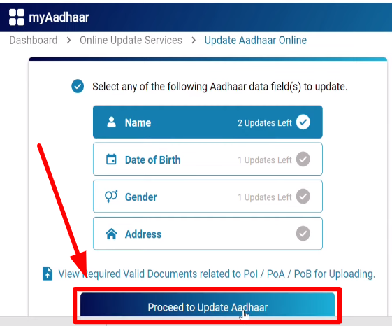 name update proceed to update aadhar