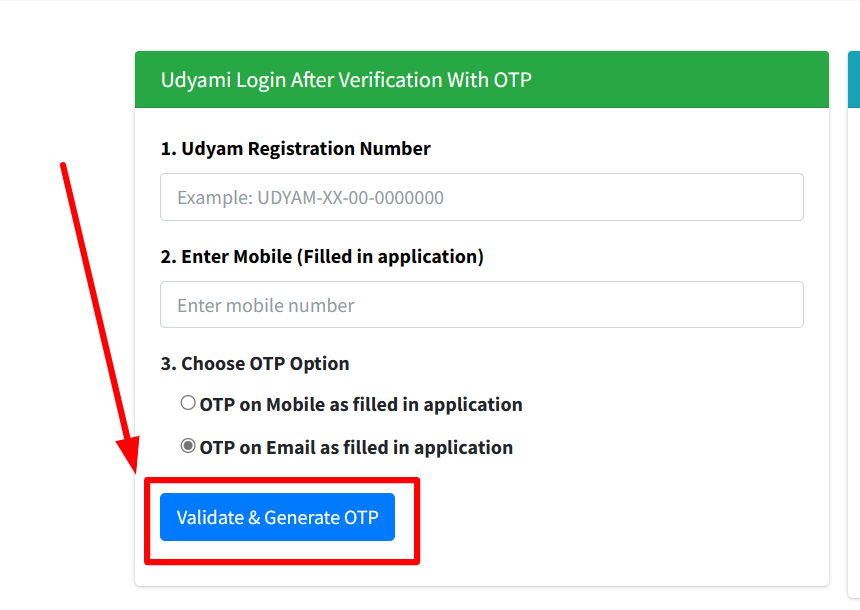 udyami login after verification with OTP