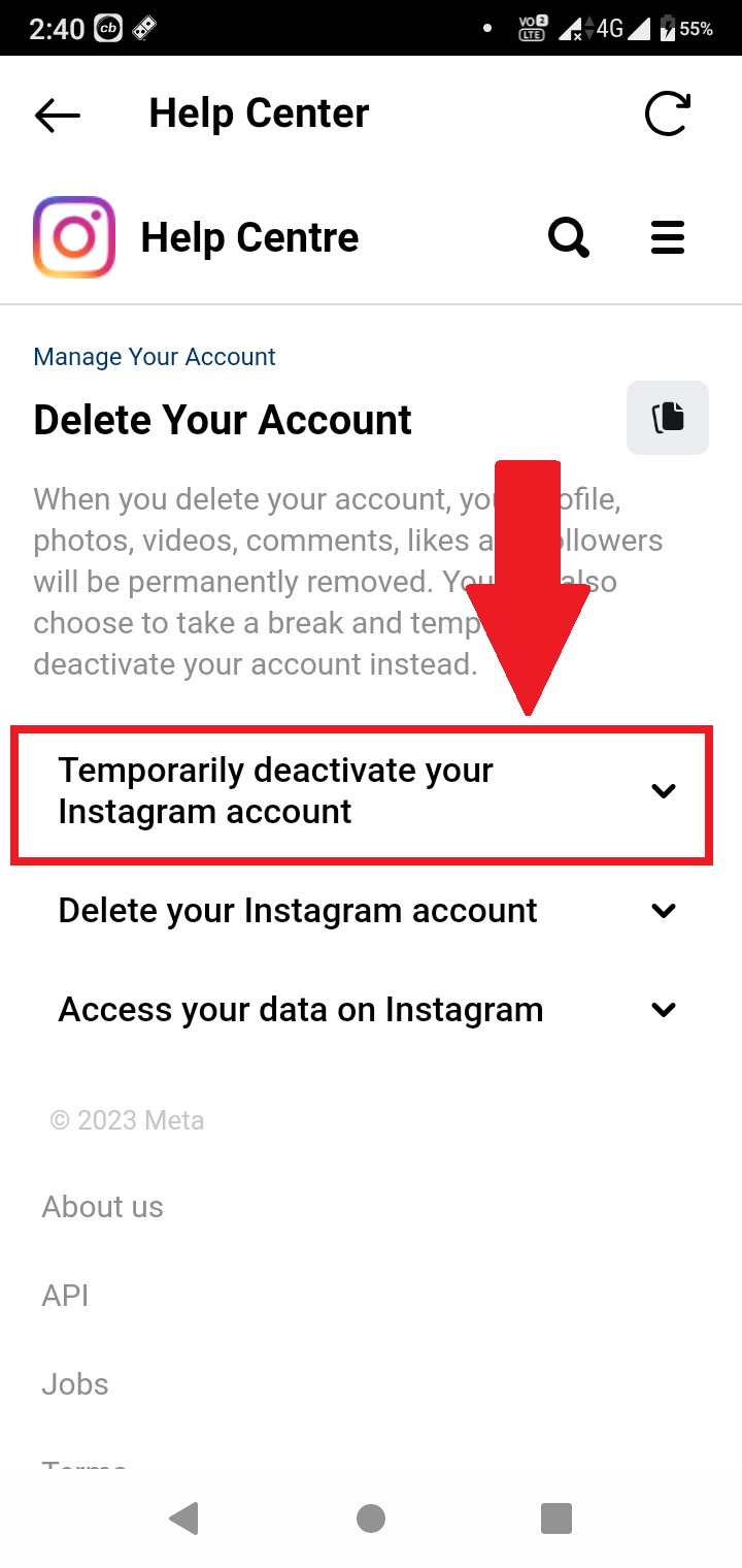 Temporarily deactivate your instagram account