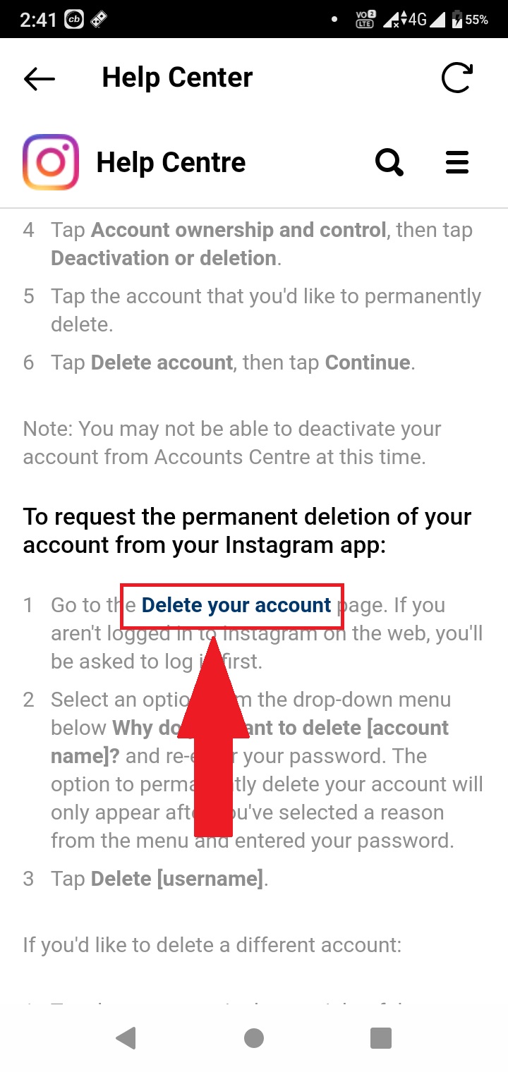 tap delete your account