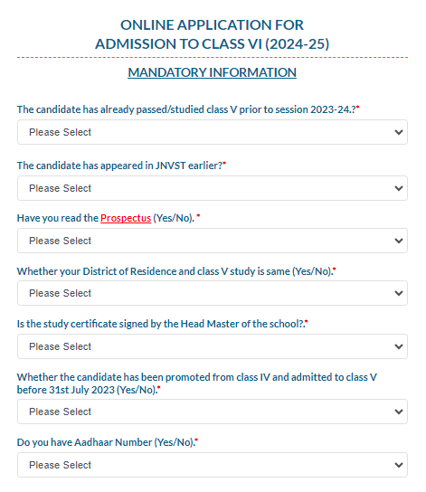 Jawahar Navodaya Vidyalaya Admission form 2024
